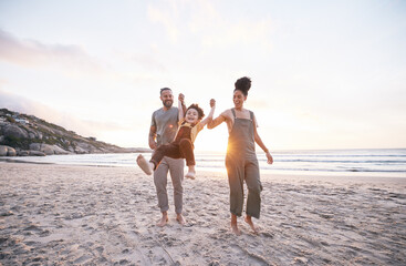 Canvas Print - Travel, swing and holding hands with family at beach for bonding, summer vacation and happy. Smile, sunset and relax with parents and child walking on seaside holiday for love, freedom and support