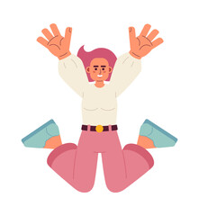 Fototapete - Joyful jump semi flat color vector character. Sincere smile. Asian girl raising hands up. Editable full body person on white. Simple cartoon spot illustration for web graphic design