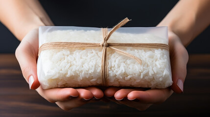 hand holding rice packet