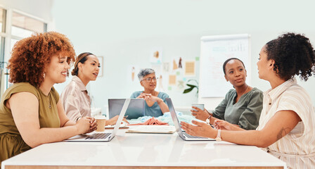 Poster - Creative people, fashion designer and meeting in planning, team brainstorming or clothing ideas at office. Group of women in retail startup, project plan or discussion in teamwork, design or mission