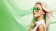 Green background with beautiful blond woman wearing fashion eyeglasses girl banner