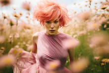 Young Woman In Motion With Short Pink Hair, Assimetric Haircut, Running In The Middle Of A Field Of Tall Flowers