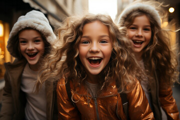 shot of three sisters portrait happily smiling in middle of the street, with beautiful light and clo