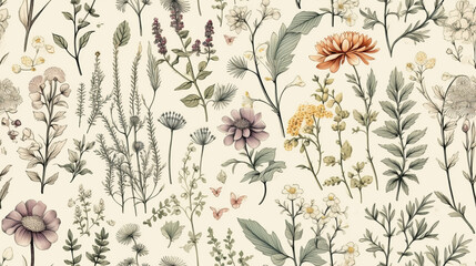Seamless pattern background featuring a collection of vintage botanical illustrations with flowers and leaves in muted colors