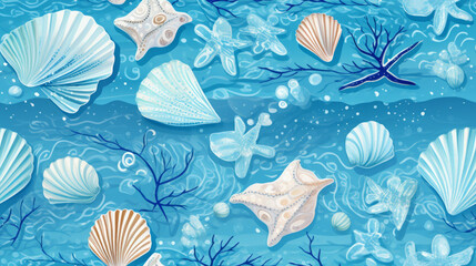 Seamless pattern background inspired by the textures and patterns of the ocean with intricate illustrations of seashells, waves, and sea creatures, set against a serene blue background