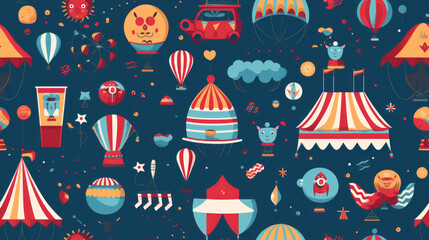 Seamless pattern background showcasing a variety of whimsical and playful circus elements with circus tents, acrobats, clowns, and carnival animals in a lively and colorful style