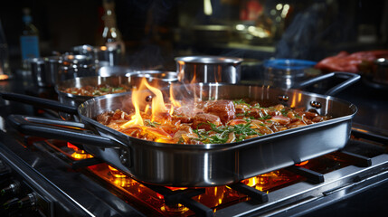 Wall Mural - Stainless pan on the hob, cooking on a gas stove