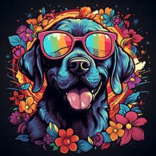 A Retro-inspired Shirt Design Capturing The Essence Of The '70s With A Neon Dog Surrounded By Retro Floral Patterns And Psychedelic Colors