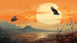  a painting of two birds flying over a river at sunset.  generative ai