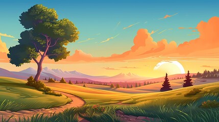 Wall Mural - Autumn landscape with grassland, orange view of sunset.Concept Art Scenery. Book Illustration. Video Game Scene. Serious Digital Painting. CG Artwork Background. Generative AI
