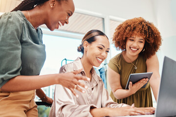 Canvas Print - Employees, teamwork and planning on tech in office with creative, ideas for digital marketing strategy on computer or tablet. Online, advertising and women in Colombia working together in startup