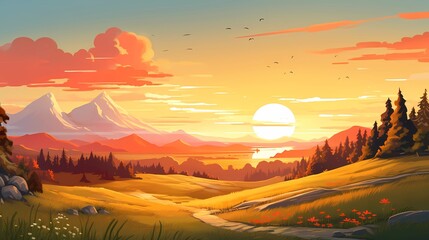 Wall Mural - Autumn landscape with grassland, orange view of sunset.Concept Art Scenery. Book Illustration. Video Game Scene. Serious Digital Painting. CG Artwork Background. Generative AI
