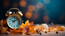 Daylight Saving Time. Alarm Clock And Orange Color Leaves On Wooden Table. Autumn Time. Fall Time Change. Autumn Leaves Fall And Winter Approaches, The Concept Of Daylight Saving Time.
