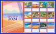 Calendar 2024 in french language. Colorful monthly calendar with various southern landscapes. Cover and 12 monthly pages. Week starts on Monday, vector illustration. A4 pages.