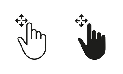 Poster - Drag and Drop Arrows with Hand Finger Line and Silhouette Black Icon Set. Pinch Screen, Rotate Touch Screen Pictogram. Drag and Drop Gesture Symbol Collection. Isolated Vector Illustration