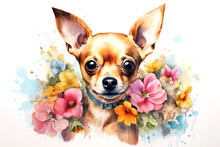 Whimsical Springtime Dog Watercolor Chihuahua Puppy In A Cute Floral Scene. Drawing Artwork Concept