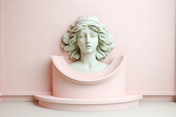 Wall Mural - Bust of ancient Greek marble woman on gypsum stage podium on pink background. Antique art culture concept