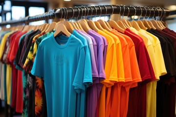 Colorful t-shirts on hangers in a clothing store.