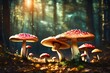 canvas print picture - Magical mushroom in fantasy enchanted fairy tale forest with lots of brightness and lighting , Generative ai