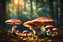 Magical Mushroom In Fantasy Enchanted Fairy Tale Forest With Lots Of Brightness And Lighting , Generative Ai