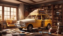 A Car Filled With Books In A Room Randomly