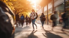 Blurred Group Of Young Students Going To Class In Fast Movement, Generative AI