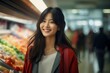 A young Asian girl in a grocery store chooses groceries. Generative AI