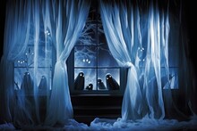 Spooky Window Of Haunted House With Cobwebs, Jack-o-Lanterns And Ghosts, Generative Ai