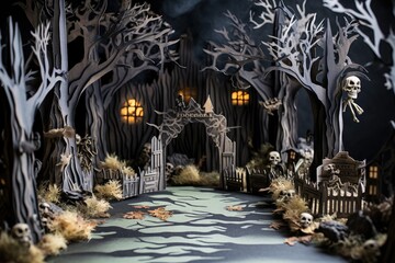 Spooky Graveyard Scene in a Miniature Forest diorama on halloween theme, generative ai