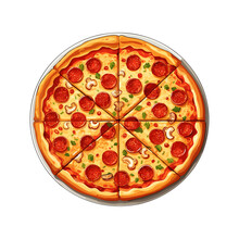 Hand Draw Pizza With Various Ingredients In Cartoon Style. Whole And Chopped Pizza Icon. Vector Illustration EPS10