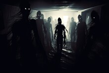 Nightmarish Swarm Of Shadowy Figures Lurking In The Room, Shadow Of A Ghost In Halloween. Generative AI