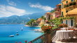 Step into a postcard-perfect scene of Mediterranean houses with this captivating image. Overlooking a tranquil bay, these picturesque homes boast terraces with sweeping sea views. Vibrant awnings and