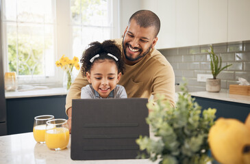 Sticker - Tablet, video call and girl with dad in kitchen, living room or online communication in home with smile of father and kid. Happy, black family and virtual chat, conversation or talking on mobile app