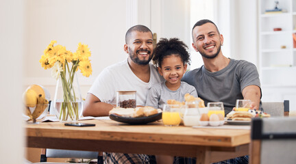 Poster - Gay men, portrait and family at breakfast together in the dining room of their modern house. Smile, bonding and happy girl child eating a healthy meal for lunch or brunch with her lgbtq dads at home.