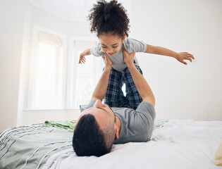 Poster - Happy, fun and dad with child on bed playing, bonding and airplane game for father and daughter in home. Family, love and playful energy, man holding girl in air and laughing in bedroom together.