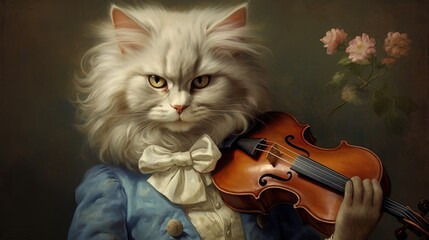 Canvas Print - 3D ironic portrait, Musician cat, Violinist, Violin, Playing, Animal, 1700s. THE VIOLINIST CAT. A practicing violinist posing with his classic violin in the 1700s style. Oil painting in the background