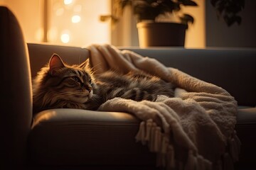 Wall Mural - A cat is dozing on a sofa with comfy wool garments and LED lighting. Weekend project for a high view in the autumn or winter