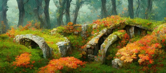 Wall Mural - Mystical woodland forest in Autumn with remnants of old druid buildings in ruin. Enchanted magic forest, ancient trees, colorful flowers, peaceful dreamy fairytale fantasy wonderland, generative ai