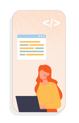 Wall Mural - Mobile app development concept. Woman with laptop write code. IT specialist and programmer. Interface for application and program. Cartoon flat vector illustration isolated on white background