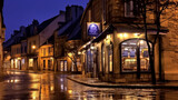 Fototapeta Uliczki - old town street at night with wet pavement in the street created with Generative AI technology
