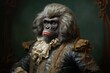 Gorilla, 3d funny portrait, 1700, Noble, Aristocratic, Dressed, Attire, Wig. HIGH ARISTOCRACY GORILLA. A 1700s elderly, elegant gorilla. Gray wig, ruffled ivory-colored collar. Graceful standing pose.