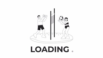 Poster - Friends playing volleyball on beach black and white loading animation. People in swimsuits playing with ball over net outline 2D cartoon characters 4K video loader motion graphic. Waiting animated gif