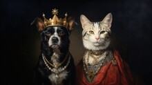 The Feline Royal Family. Dog And Cat Consorts. A Portrait Of An Imperial Couple Composed By A Sovereign Doggy And Pussicat Dressed Up In Perfect Middle Ages Style.