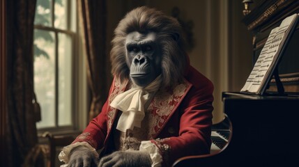 Canvas Print - 3D funny gorilla portrait, Pianist, Piano, Musician, 1700, Ironic, Playing. THE COMPOSER (In The Gorilla Musician Room). A gorilla pianist in his room with 1700s wig and piano with musical score.