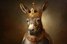 3D Portrait, Animal, Donkey, Crown, Dressed, Ruler, King, Prince, Emperor. CROWNED DONKEY. A Portrait Of A Cute Donkey With Pricked Ears Dressed Up As A King.