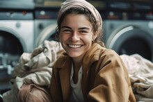 Generative AI Illustration Of Young Smiling Woman In Casual Clothing Looking At Camera Against Blurred Laundry