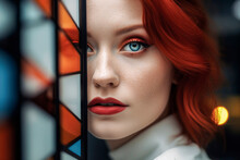 Generative AI Illustration Of Side View Of Young Redhead Young Woman With Freckles And Blue Eyes Looking At Camera Against Blurred Abstract Background