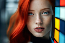 Generative AI Illustration Of Young Redhead Young Woman With Freckles And Blue Eyes Looking At Camera Against Blurred Abstract Background