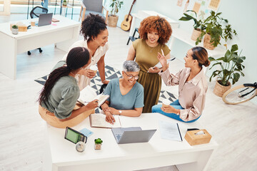 Poster - Business people, meeting and computer planning, design teamwork or brainstorming in office website ideas. Professional women in collaboration, notebook or writing goals for group branding on laptop