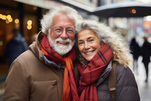 Generative AI Image Of Portrait Of Smiling Elderly Couple With Gray Hair In Warm Clothes Looking At Camera In Daylight In Blurred Background